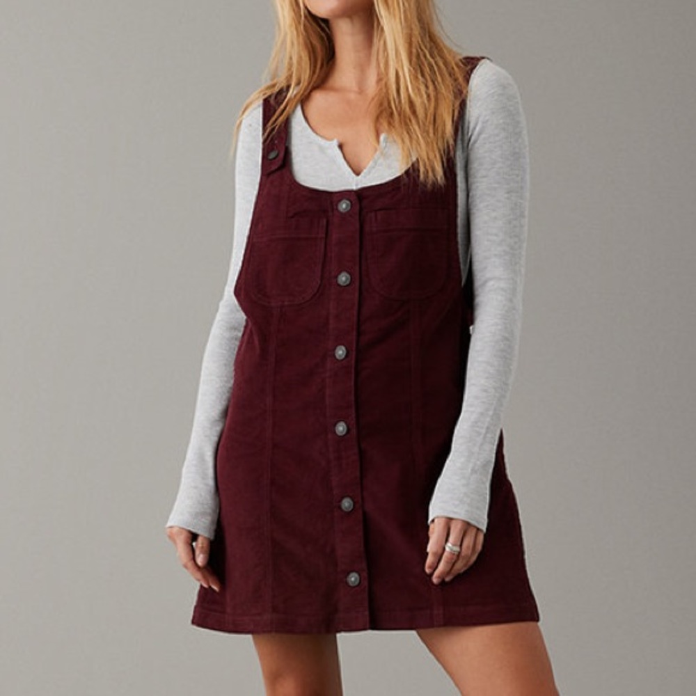 American Eagle Burgundy Corduroy Pinafore Dress - Picture 1 of 8